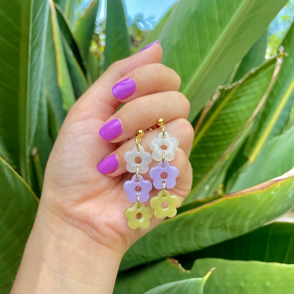 Long Flower Drop Earrings, Three Flower Links, White, Purple, Olive, Resin Flower Earrings, Gold Plated Push Backs, Lightweight, Colorful