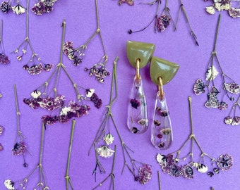 Real Flower Teardrop Earrings, Dark Purple Baby's Breath, Olive Studs, Stud Earrings, Real Flower, Gold Plated Push Backs, Resin Earrings