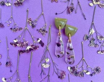 Real Flower Teardrop Earrings, Dark Purple Baby&#39;s Breath, Olive Studs, Stud Earrings, Real Flower, Gold Plated Push Backs, Resin Earrings