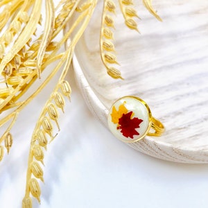 Ahorn Blatt Ring, Vergoldetes Band, echte gepresste Blätter, hypoallergen, verstellbar, Herbst Accessoire, UV Resin Schmuck, Farn/ Blüten Ringe