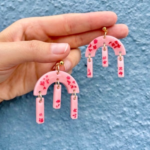 Pink Arch Earrings, Real Pressed Flower Earrings, Queen Anne&#39;s Lace, Red Flowers, Gold Plated, Stud Earrings, Statement, Valentine&#39;s Day