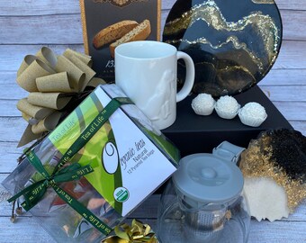 Tea Gift Basket: Handmade Resin Serving Tray & Coaster, Ceramic Mug, Tea Pot, Assorted Organic Tea Bags, Chocolate and Biscotti [G-10]