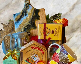 Tea Gift Basket: Handmade Resin Serving Tray & Coaster, Ceramic Mug, Tea Pot, Assorted Organic Tea Bags, Chocolate and Ram cake  [G-10]