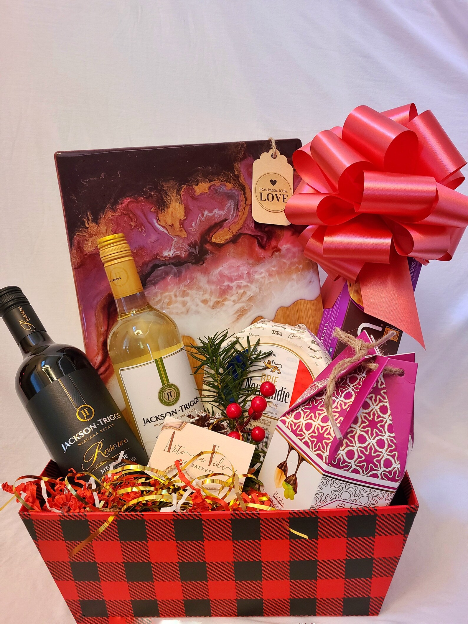 Best Gift Basket Ideas: Gourmet and Food : Handmade Gift Basket: Epoxy Wood Cheeseboard, Brie Cheese, Red & White Wine, Chocolate [G-7]