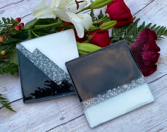 Set of Two Epoxy Resin square 5 “ Jewellery  Holder made of sliver leaf , black and white  colour / Resin Tray