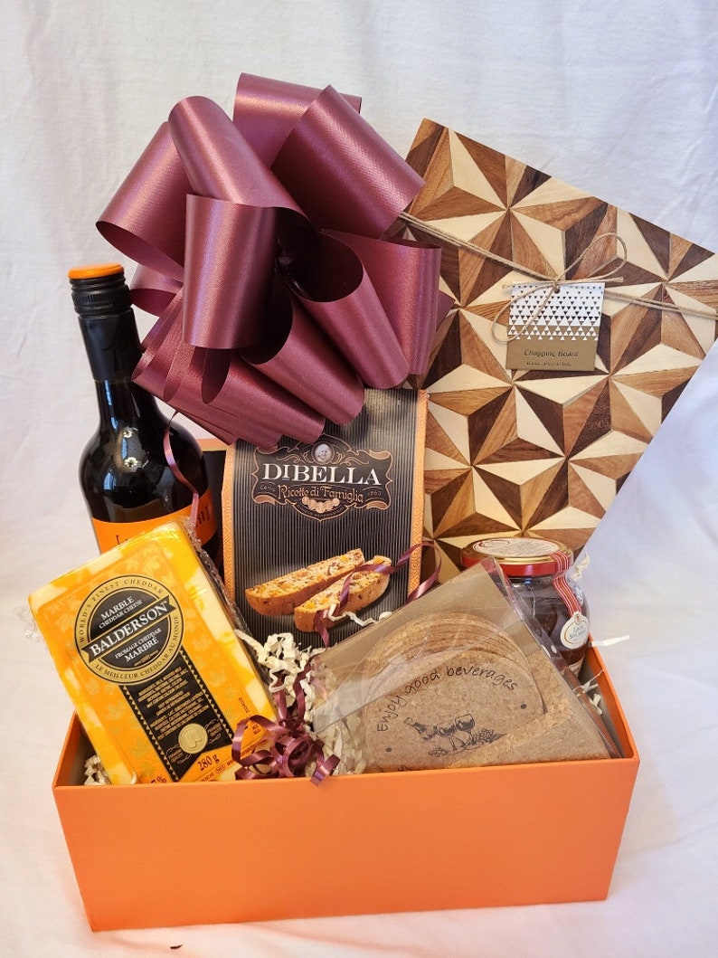 Cheeseboard Gift Basket: Handcrafted Wood Board, Fine Cheddar, Red Wine, Fig Jam, Set of Cork Coasters & Apricot Almond Biscotti G-16 image 1