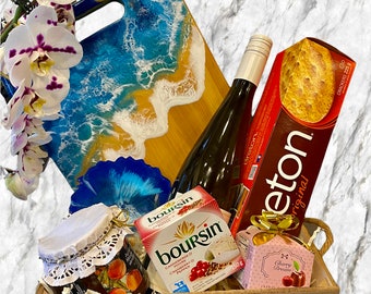 Handmade Gift Basket: Ocean Cheeseboard, Resin ocean Coaster, Boursin Cheese, White Wine, Chocolate, jam & Crackers [G-9]