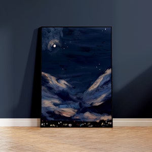 Navy Blue Night Sky Art Print, Dark Skies Illustration, A4 A3 A2 Navy Wall Art, Housewarming Gift, Dark Home Decor