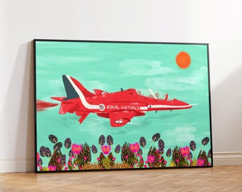 Rote Pfeile Art Print, Bunte Flugzeug Illustration, A5, A4, A3, Helle Royal Air Force Wandkunst, Landschaftsdruck