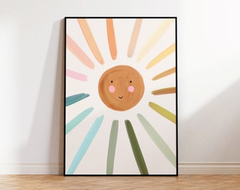 Pastell Sonne Regenbogen Kunstdruck, Kinder Wanddekoration, Kinderzimmer Wanddruck, Boho Sonnenkunst