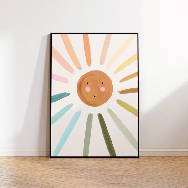 Pastel Sun Rainbow Art Print, Kids Wall Decor, Childrens Nursery Wall Print, Boho Sun Art