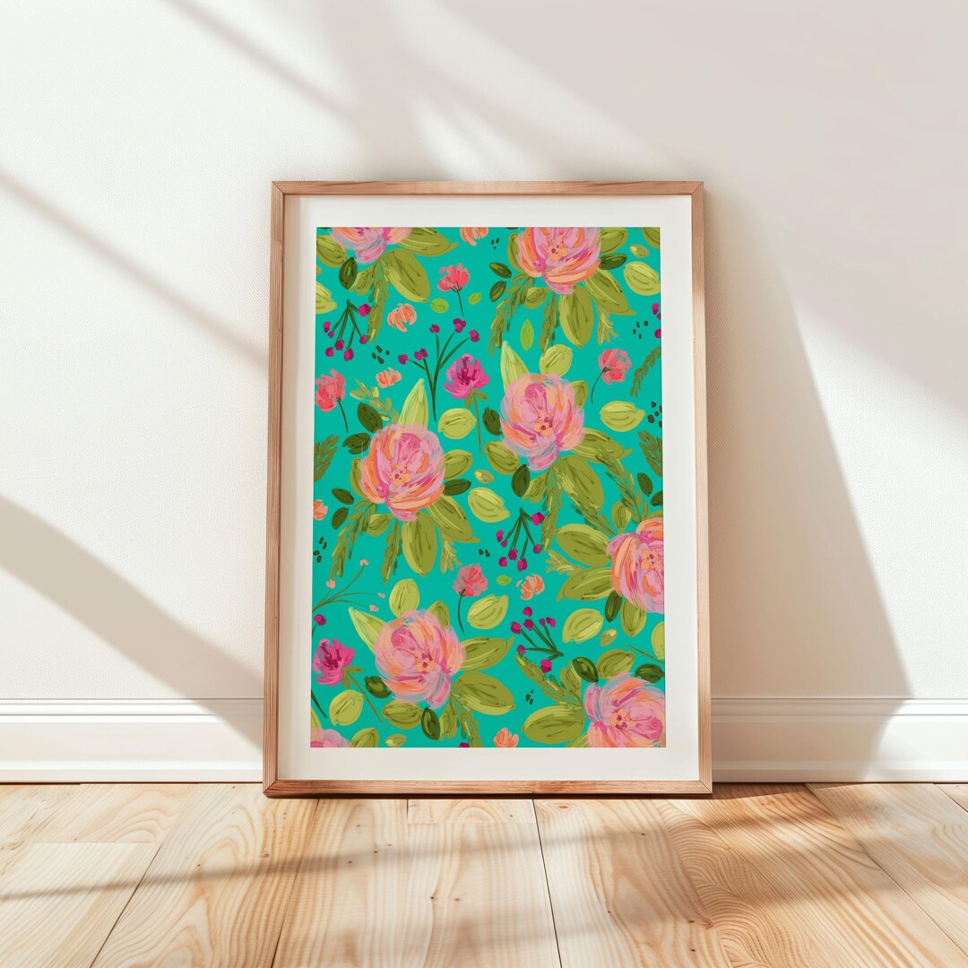 Turquoise Floral Print: Colourful Wall Art - Etsy