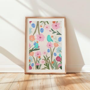 Impresión artística de pájaros azules de verano y primavera, ilustración de pájaros botánicos, A4, A3, A2, arte de pared floral en colores pastel, regalo de inauguración de la casa, obra de arte cottagecore
