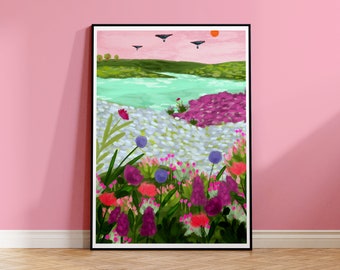 Colourful Cornwall Art Print, Bright Cornish Coast Illustration, A4 A3 A2 Bright Pastel Wall Art, Housewarming Gift, Coastal Home Decor