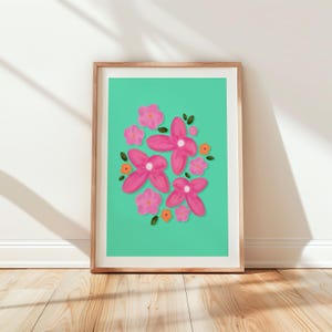 Colourful Flowers Print, Bright Teal Wall Art, Abstract Print, Bedroom Art, Floral Teal Wall Art A4/A3/A2