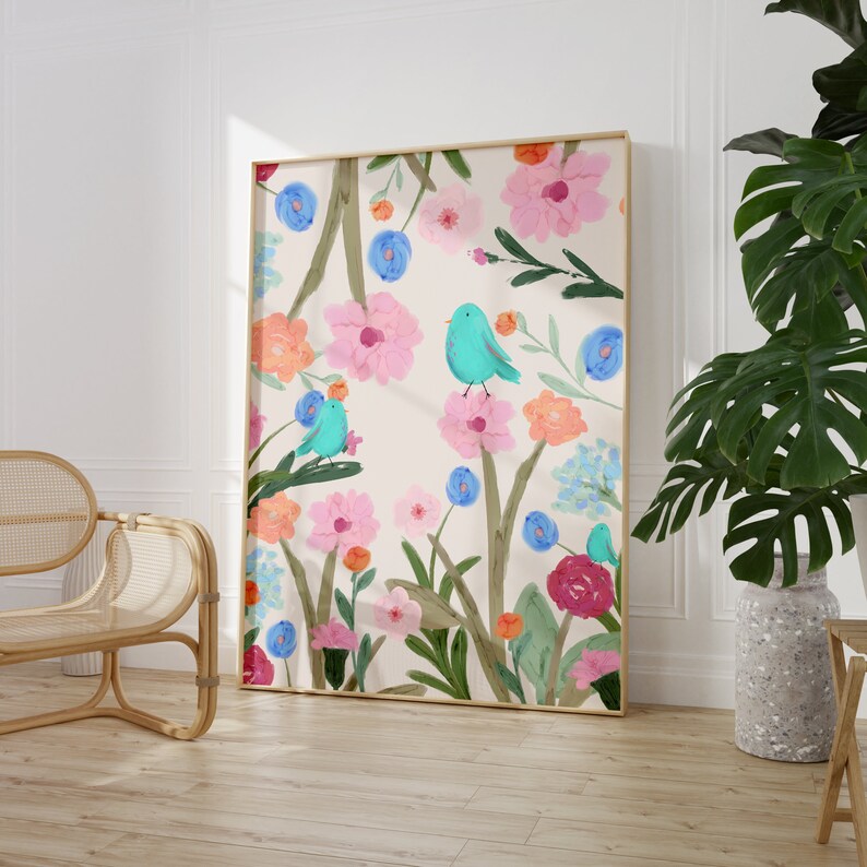 Boho colourful birds and flowers print.