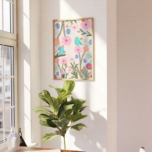 Pretty art print featuring three abstract blue birds perching on wildflowers and foliage, on a cream background.