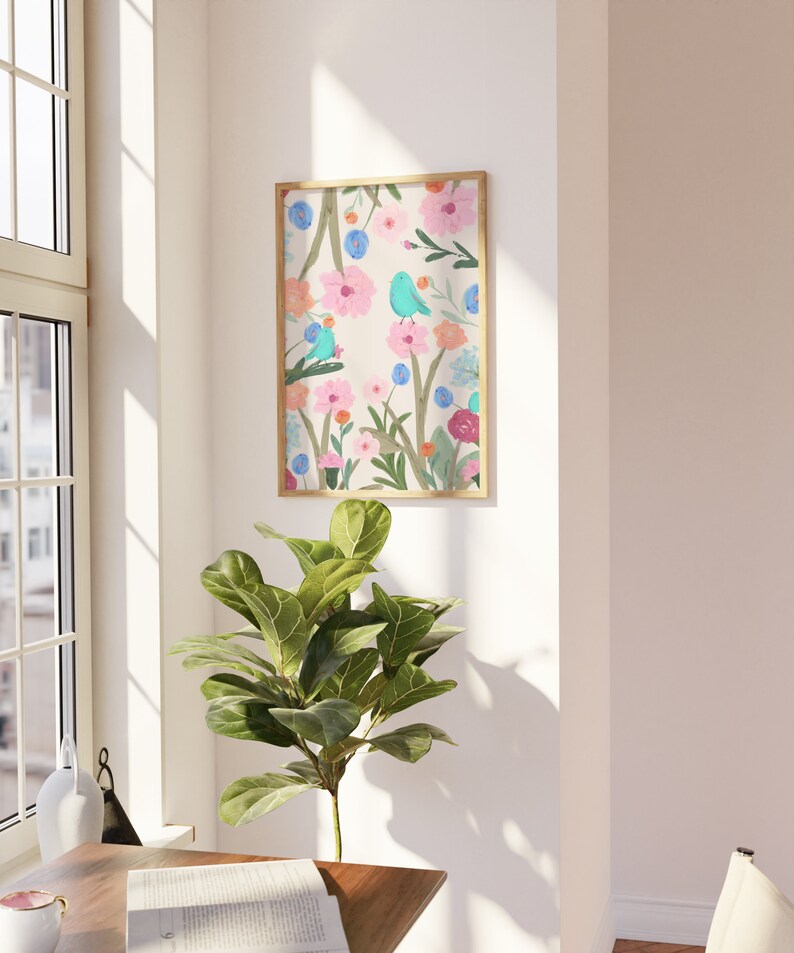 Pretty art print featuring three abstract blue birds perching on wildflowers and foliage, on a cream background.