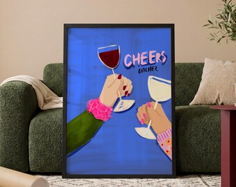 Stampa artistica Cheers Wine: divertente decorazione retrò per carrello bar in blu cobalto