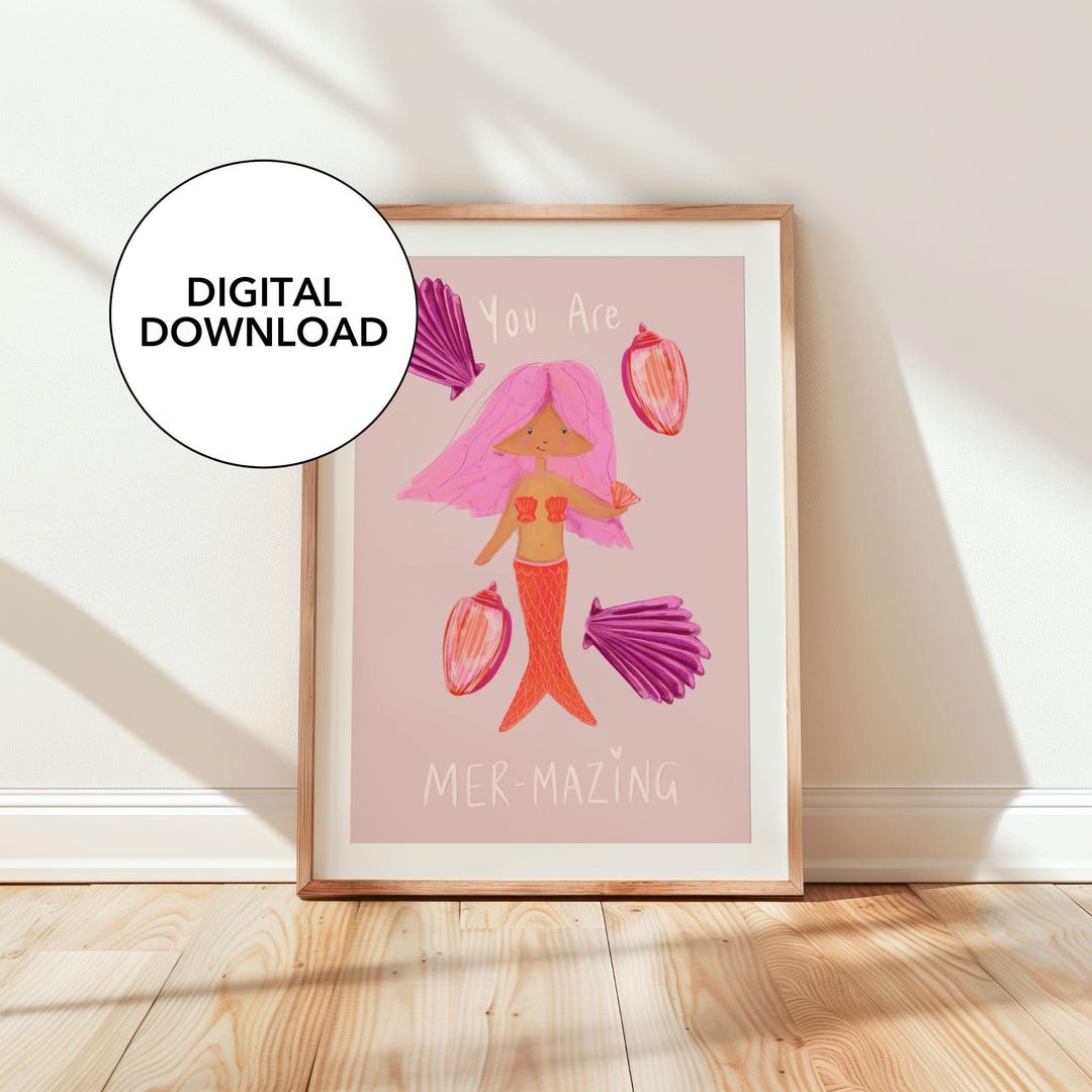 DIGITAL PRINT Pink Mermaid Wall Art Print, Colourful Kids Home Decor ...