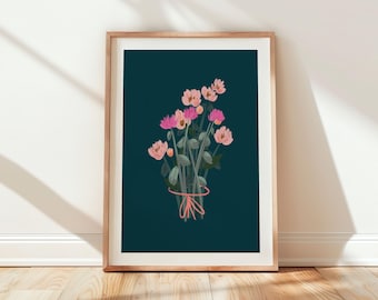 Navy Flower Bouquet Print: Colourful Room Poster