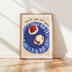 Afternoon Tea Art Print, Hand Drawn Cream Tea Scones Poster, Kitchen Poster, Devon Cornwall, Food Art, Breakfast Brunch Art