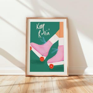 Retro Roller Skates Art Print &quot;Keep Rollin&#39;&quot; Motivational Wall Decor, Vintage Roller Skating Poster for Kids Room or Living Room, Kids Print