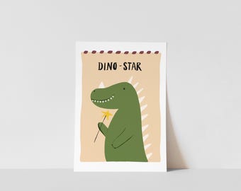 Dino-Star Nursery Print: Kids Bedroom Dinosaur Wall Art