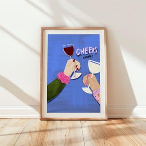 Cheers Art Print, kleurrijke barwagen kunst aan de muur, keukendecor, cocktailposter, eetkamerprint, happy hour-kunstwerk, housewarmingcadeau