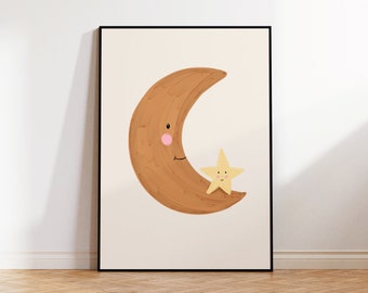 Pastel Moon Art Print, Kids Wall Decor, Childrens Nursery Wall Print, Boho Moon Art