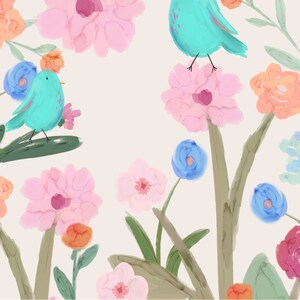 Pretty art print featuring three abstract blue birds perching on wildflowers and foliage, on a cream background.