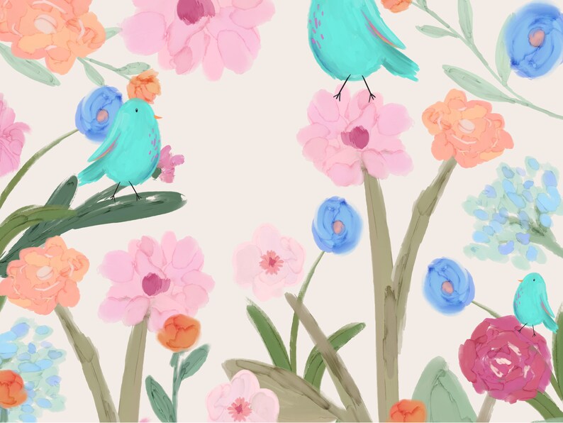 Pretty art print featuring three abstract blue birds perching on wildflowers and foliage, on a cream background.