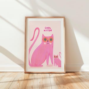 Cool Kitten Pink Abstract Art Print, Colourful Cat Wall Art, Modern Home Decor, Bright Art Poster, Cat Illustration