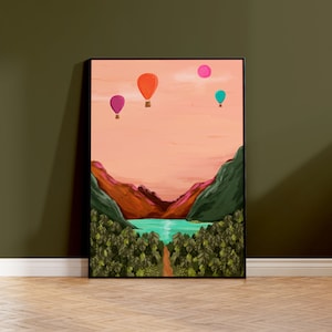 Mountain Landscape Art Print, Colourful Travel Illustration, A4, A3, A2 Mountains Wall Art, Quirky Home Decor, Earthy Home Decor, Nature Art