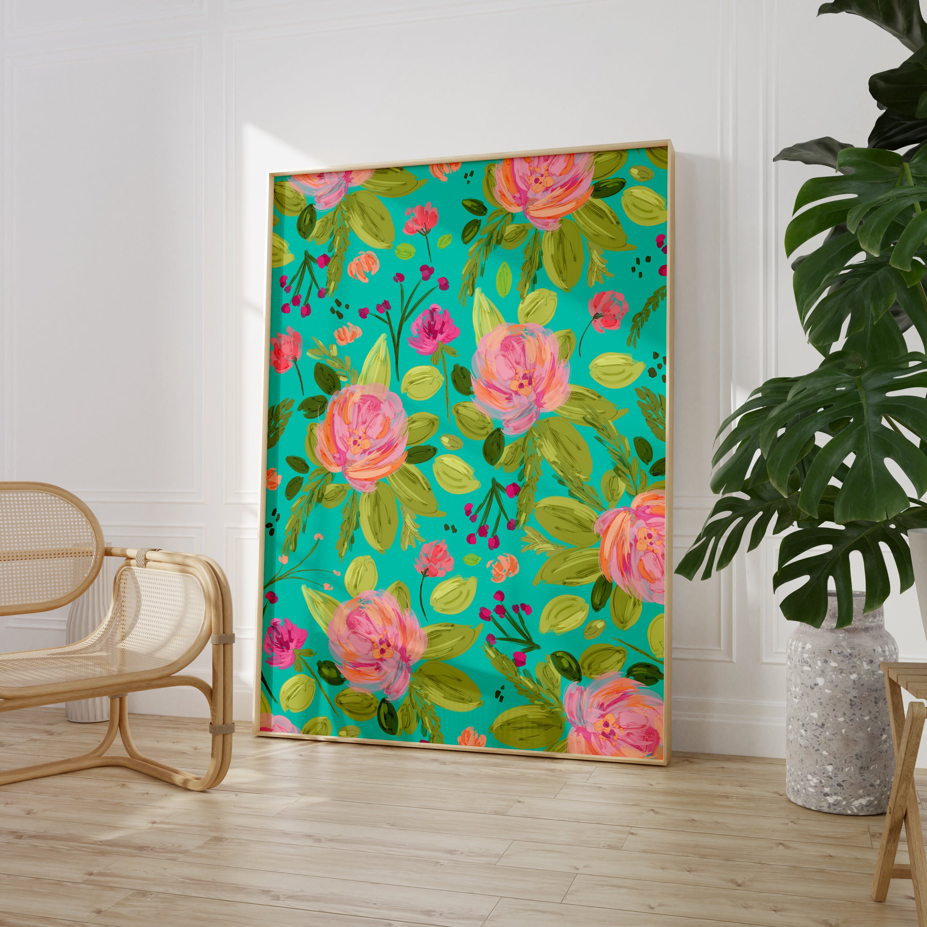 Turquoise Floral Print: Colourful Wall Art - Etsy