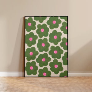 Abstract Green Pink Flowers Art Print, Colourful Floral Wall Art, Modern Home Decor, Bright Art Print