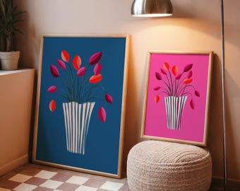 Abstract Tulip Flower Art Print: Vibrant Pink and Blue Floral Wall Decor