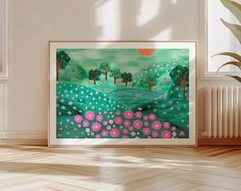 Abstract Landscape Art Print, Colorful Hills, Flowers Poster