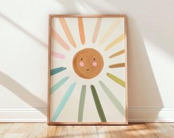 Pastel Sun Rainbow Art Print: Nursery Wall Decor