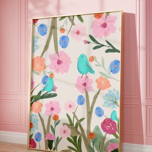 Pretty art print featuring three abstract blue birds perching on wildflowers and foliage, on a cream background.