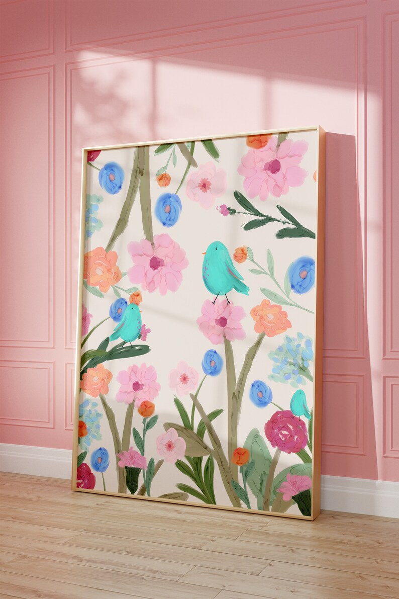 Pretty art print featuring three abstract blue birds perching on wildflowers and foliage, on a cream background.