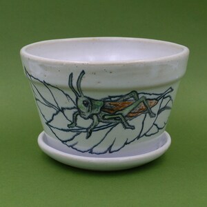 Peut inclure: Pot en céramique blanche avec une illustration de sauterelle verte sur un motif de feuilles. Le pot a une soucoupe assortie.