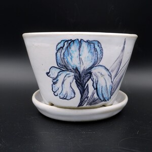Peut inclure: Pot en céramique blanche avec un motif de fleur d'iris bleu et gris. Le pot a un trou de drainage et une soucoupe assortie.