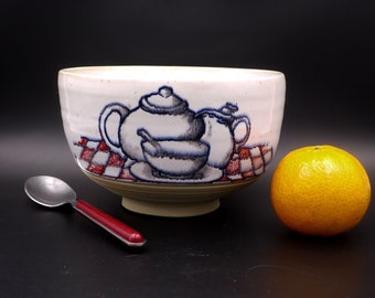 Large ceramic breakfast bowl checkered tablecloth