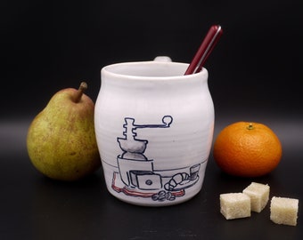 Ceramic mug antique coffee service and taste on retro tablecloth