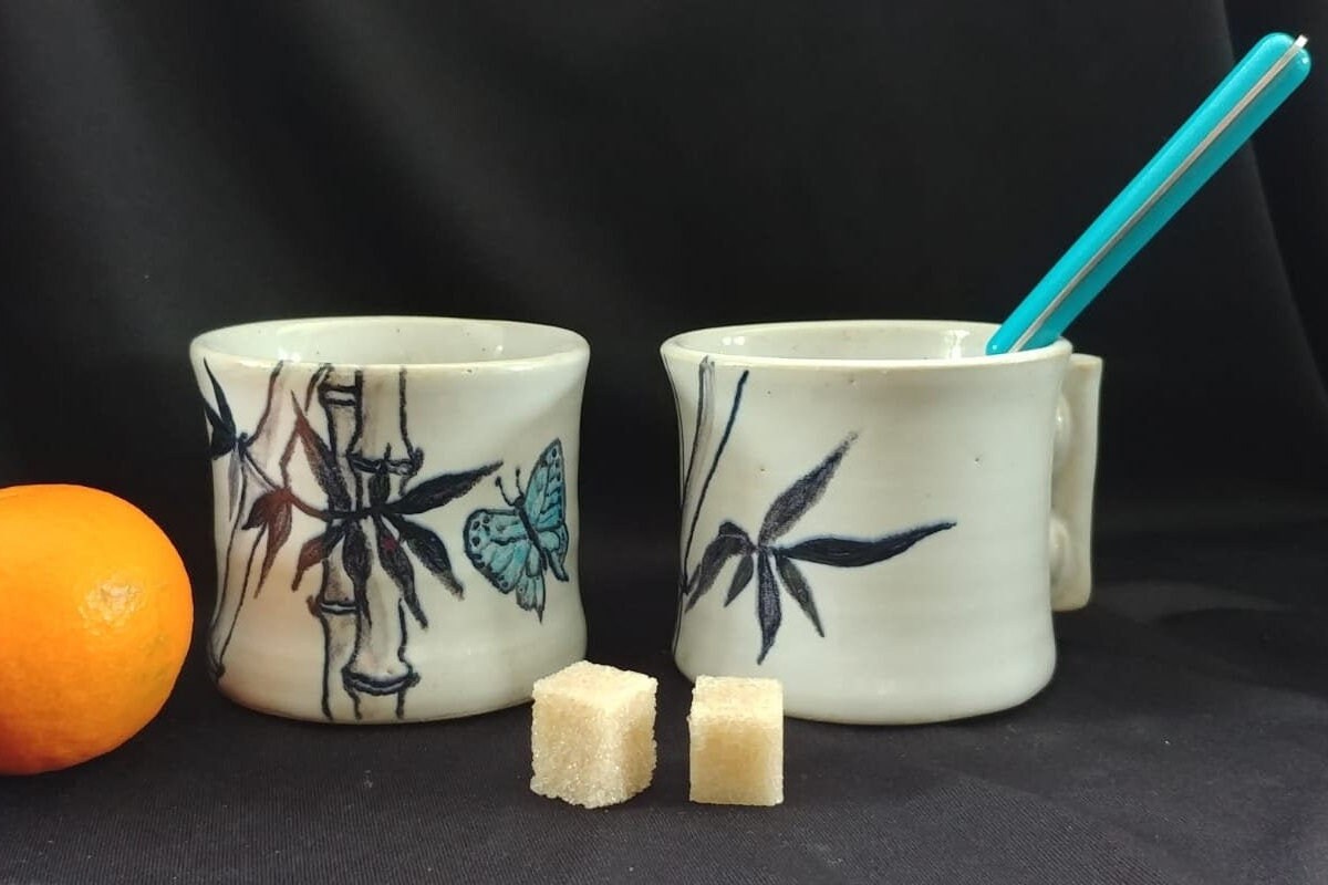 Deux Tasses Empilables en Céramique Papillon Bleu Bambou