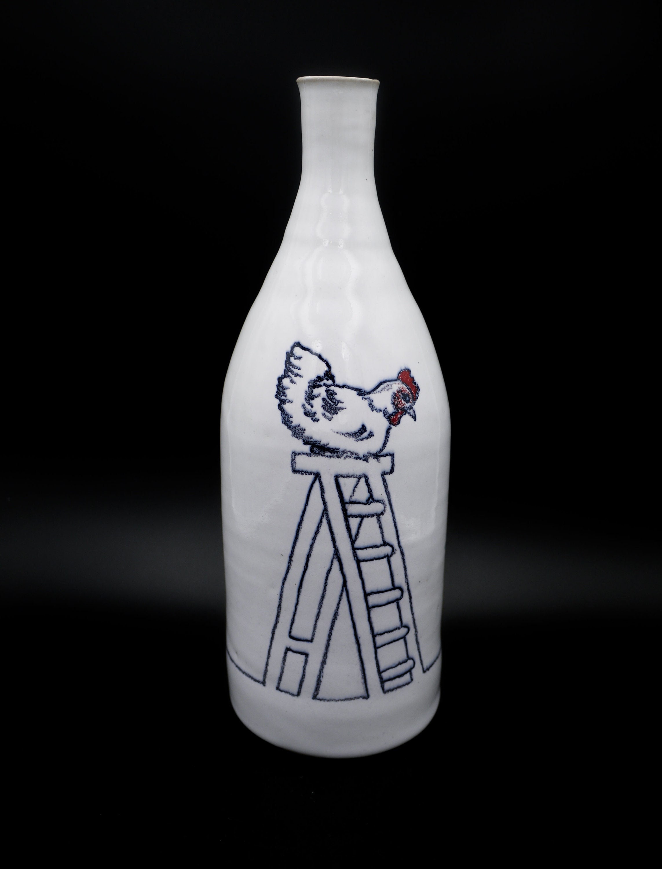 Carafe Bouteille en Céramique Poule sur Une Échelle et Chat