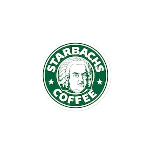 Może przedstawiać: Zielono-biała naklejka z ozdobnym logo, na którym widnieje napis "Starbachs Coffee". Logo przedstawia portret mężczyzny w białej peruce i gwiazdę po obu stronach.