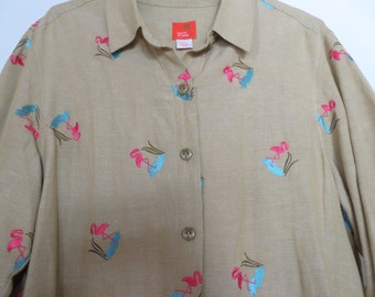 Hearts of Palm Linen Pant Suit Featuring Flamingos Ladies Size 18