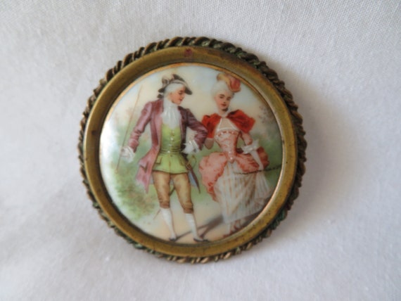 Porcelain Romantic Brooch -Antique Hand Painted - image 2